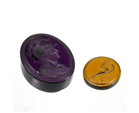 Two Georgian intaglios, the first a large, deep purple oval shape, inscribed "CREW F" and depicting a Greco-Roman warrior wit