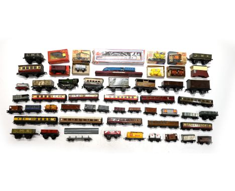 A mixed box of vintage tin-type and plastic toy trains, carriages and wagons. Makers include Hornby, Lima, Airfix. &nbsp;