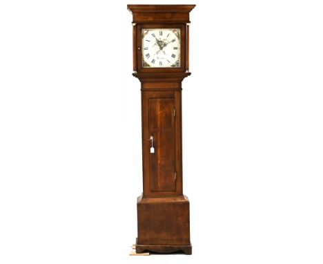 An oak longcase 30 hour clock, late 18th Century, with white enamel dial bearing Roman numerals and floral hand painted spand