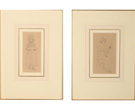 Kate Greenaway (1846-1901) - "Lesson Nine" and "When we went out with Grandmama''. Pencil, circa 1885, on wove paper, the fir