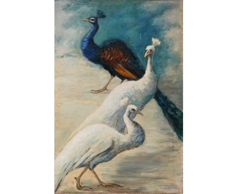Georges van Houten (1888&ndash;1964) - Peacocks. Oil on canvas, 129cm x 79.5cm, signed &lsquo;v. Houten&rsquo; lower right, f
