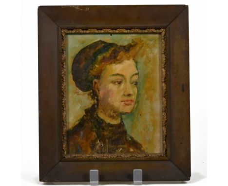 20th Century Continental School &ndash; Portrait of a Young Woman in a Hat, oil on board, 18.5 x 14.5cm, wooden frame (25.5 x
