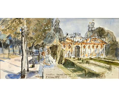 John Stanton Ward (1917-2007) - Uccelleria (Bird House), Borghese Gardens, Rome.&nbsp;Pen and brown ink and watercolour on la