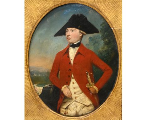 Attributed to Thomas Hickey (1741-1824) - Portrait of an engineer for the Royal Artillery in a Landscape, his shagreen-cased 