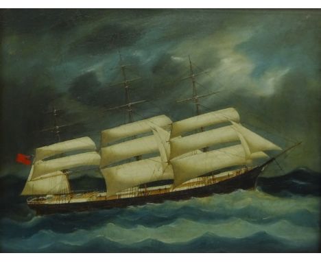 English School (19th/20th century): Ship's Portrait- three masted sailing ship in stormy seas, oil on canvas laid on board un