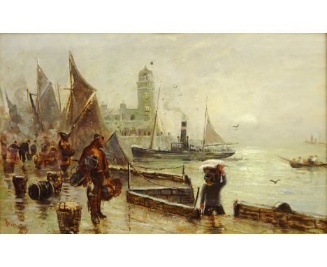 William Midgley (British fl.1890-1933): 'Landing the Catch Scarborough', oil on panel signed, titled and dated 1889 on the sl