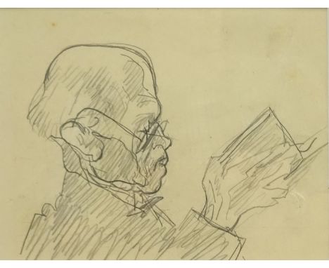 Lorenzo Viani (Italian 1882-1936): Portrait of a Man Reading, pencil on 'Galleria Viani' card with stamp verso 11cm x 14cmPro