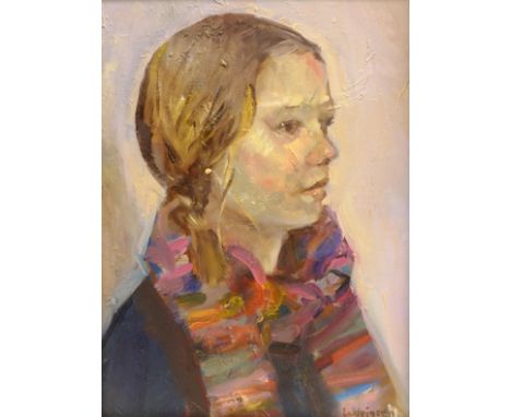 Malcolm Ludvigsen (British 1946-): 'Clare' head and shoulders portrait, oil on canvas signed, titled and dated 2005 verso 39c
