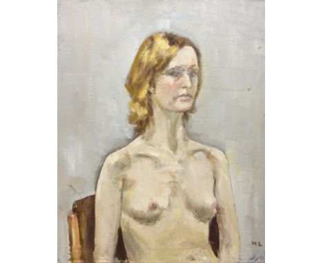 Malcolm Ludvigsen (British 1946-): 'Abigail' half length nude portrait, oil on canvas signed with initials, titled verso on e
