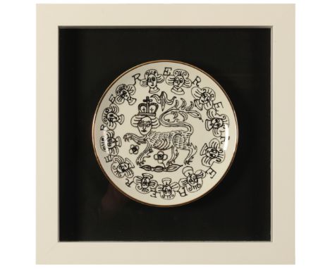 *SIR GRAYSON PERRY (B. 1960): A 'LION QUEEN' PLATE printed with a design of Queen Elizabeth II as a lion set within a border 