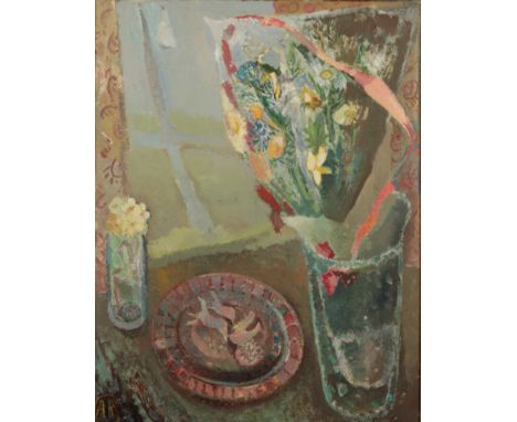 *ANTHEA CRAIGMYLE (1933-2016) 'Still life study of a wrapped bouquet flowers in a vase beside a dish monogrammed lower left, 