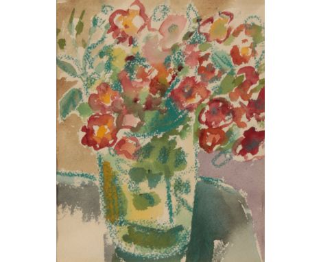 *ANTHEA CRAIGMYLE (1933-2016) A still life study of red flowers in a vase monogrammed in pencil lower left, pastel and waterc