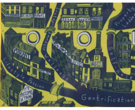 *GRAYSON PERRY (B. 1960), 'Gentrification cloth' 15cm x 19cm, framed and glazed, 26cm x 35cm overall