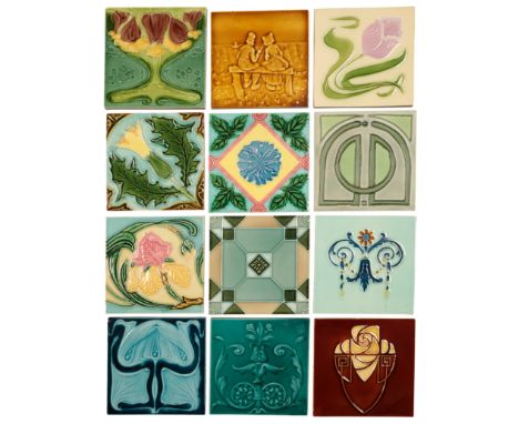 A GROUP OF TWELVE POLYCHROME TILES including examples by Hasselt, Florennes, Sato Tile Works, Sherwin & Cotton, Alfred Meakin