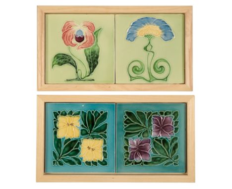 GEORG SCHMIDER: TWO FRAMED ART NOUVEAU TWO TILE PANELS one with relief moulded stylised flowers in crimson, purple blue, yell