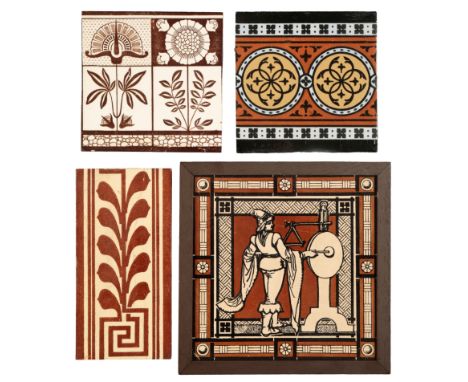 STEEL & WOOD: A FRAMED GOTHIC REVIVAL 'MUSICIAN' TILE printed in brown, black, and cream, featuring a percussionist framed by