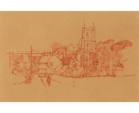 *KEN HOWARD (1932-2022) A view of Donyatt Village, Somerset with a figure walking to the foreground, sepia sketch on brown pa
