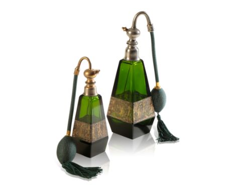 MOSER, KARLSBAD: TWO EMERALD CRYSTAL PERFUME ATOMISERS each of four-sided tapering form, the lower sections embellished with 