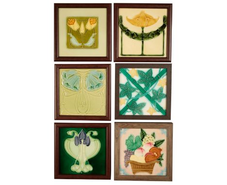 A GROUP OF SIX FRAMED POLYCHROME TILES two Japanese examples by Danto Kaisha and Fujimiyaki Tile Works and four English Art N