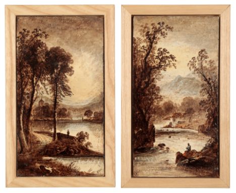 WILLIAM (BILLY) YALE: A PAIR OF HANDPAINTED FRAMED TILES each decorated with figures in river landscapes, signed, each 27cm h