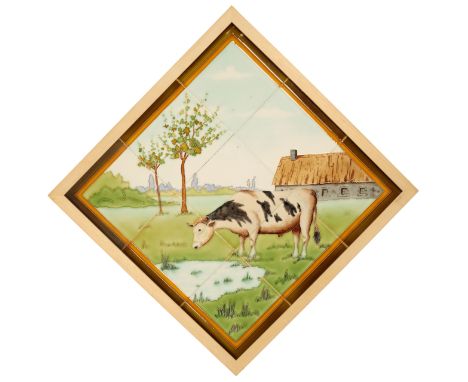 A FRENCH ART NOUVEAU TILE PANEL possibly by Desvres, c. 1900, the nine tile mounted and framed panel featuring tubeline decor