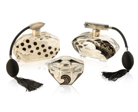 A CZECHOSLOVAKIAN ART DECO CUT AND ENAMELLED CRYSTAL PERFUME ATOMISER the body decorated with frosted panels, engraved stripe