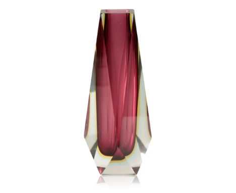 A MURANO 'SOMMERSO' TRIPLE CASED VASE c.1960s, probably Seguso or Mandruzzato, in amethyst, yellow and light blue, 25cm highP