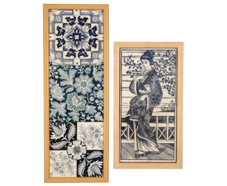 MAW & CO: A FRAMED TWO TILE PANEL DECORATED WITH A GEISHA c. 1880, designed by Owen Gibbons, backs marked for Maw, Benthal Wo