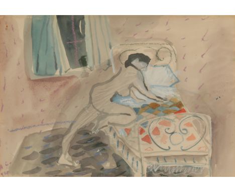 *ANTHEA CRAIGMYLE (1933-2016) A nude woman climbing into bed monogramed and dated '94 lower left, watercolour and pastel, 27.