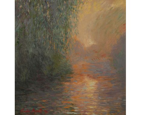 *JOHN MYATT (B. 1945) 'Morning on the Seine II' river scene after Claude Monet and bearing Monet's signature and dated (18)96