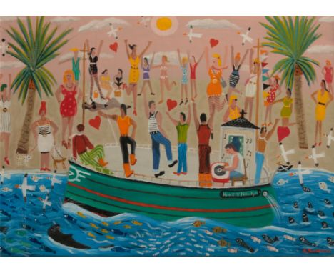 *ALAN FURNEAUX (B. 1953) 'Heart of Newlyn' revellers on a boat passing a beach filled with women, signed lower right, oil on 