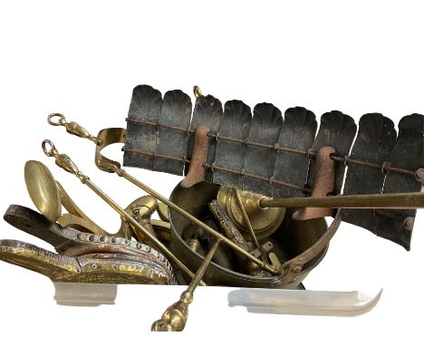 Collection of brass and metalware including fire tools etc 