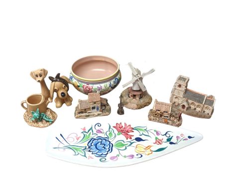 Four Lilliput Lane models, including Chiltern Mill, St Marys, O'Laceys Store and Cobblers Cottage, two Sylvac dog figures and