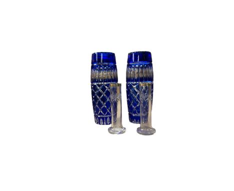 Pair of blue cut glass vases, together with a pair of silver mounted cut glass vases, hallmarked, blue vases H22cm