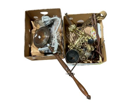 Candlestick telephone, together with brass firesides, bed warmer etc, in two boxes 
