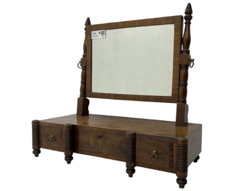 19th century mahogany dressing table mirror, rectangular plate, fitted with three trinket drawers, on ring turned uprights an