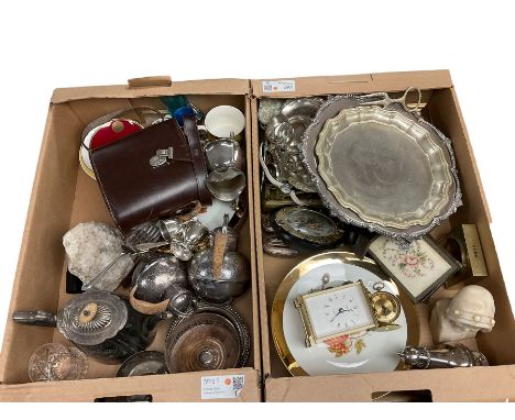 Collection of silver plate, including trays, jugs, wine holder, together with binoculars and other collectables, in two boxes