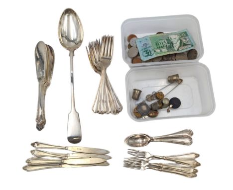 Silver plated cutlery, silver pendant, collection of coins and other collectables