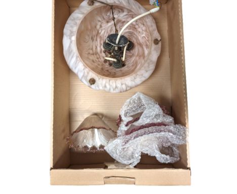 Art Deco pink mottled glass fly catcher shade and six pink fluted glass shades, fly catcher D29cm