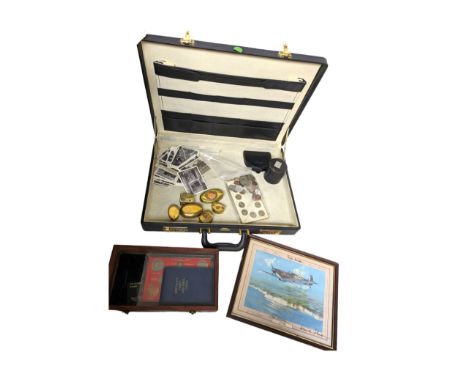 Brass trinket boxes with applied copper decoration, print of a spitfire, black and white postcards and a collection of coins,