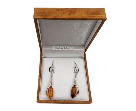 Pair of silver Baltic amber pendant earrings, stamped 925, boxed Condition Report:L = 3cm