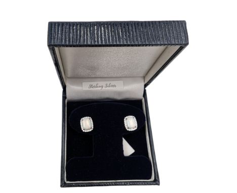 Pair of silver opal and cubic zirconia rectangular stud earrings, stamped 925, boxed Condition Report:L = 1cm