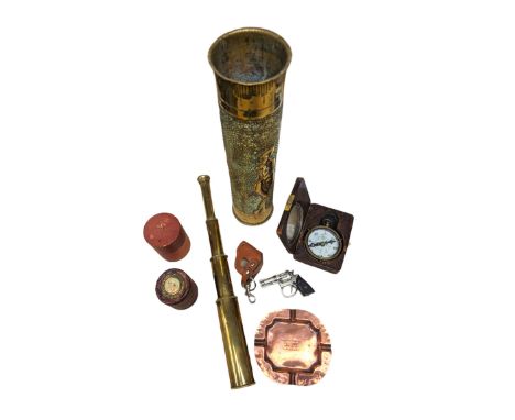 Trench art vase, copper ashtray with HMS Eskimo engraving, Dollond compass, brass three drawer telescope, pistol lighter etc