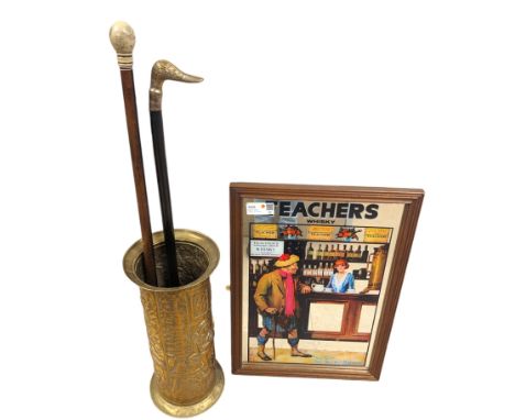 Teachers Whisky advertising mirror, together with a brass stick stand and two walking sticks, one with brass duck handle, mir