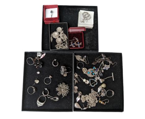 Silver and costume jewellery, including earrings, rings, brooches, etc