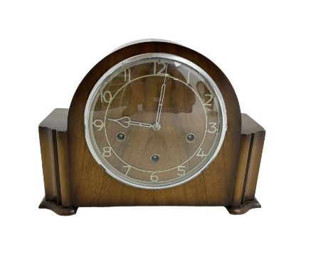 Smiths - 20th century Westminster chiming 8-day mantle clock in a mahogany case, with a chrome bezel and convex glass, confor