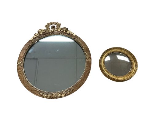 Early 20th century circular wall mirror in giltwood frame with gesso laurel wreath pediment dia.41cm; small convex wall mirro