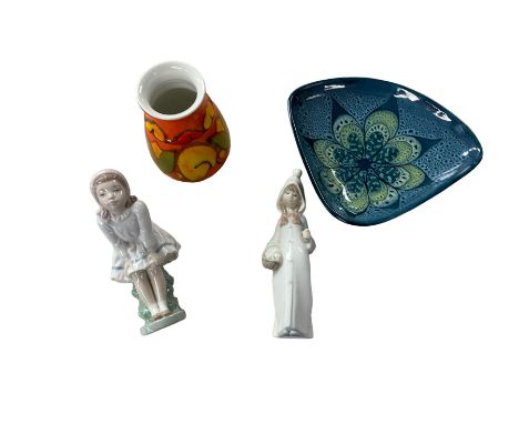 Lladro figure, Nao figure, Poole pottery vase, and studio pottery dish (4)