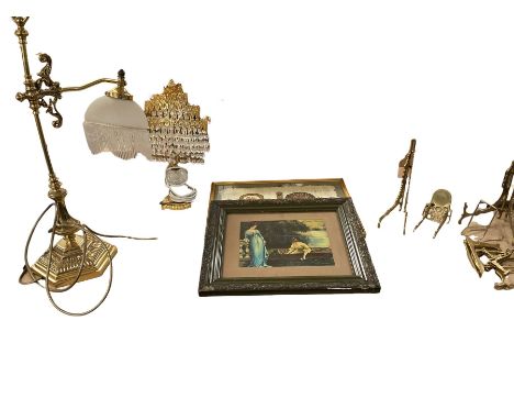 Brass table lamp, with glass shade, together with another table lamp, brass plate stands etc