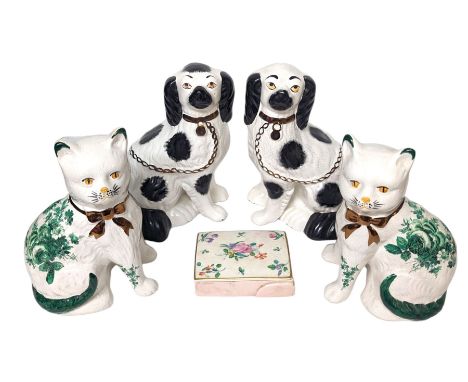 Pair of Staffordshire style dogs, together with a pair of Staffordshire style cats and a Clarice Cliff for Royal Staffordshir